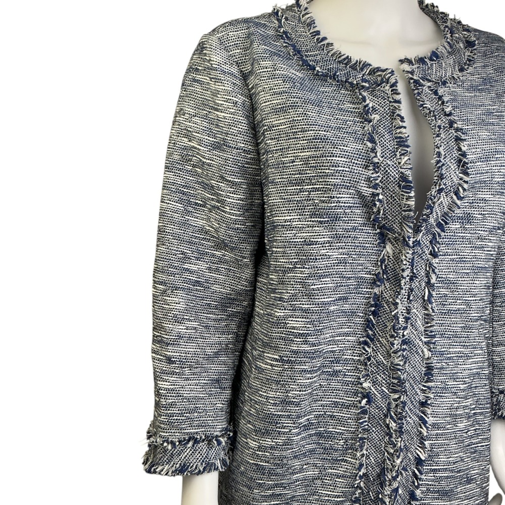 Anne‎ Klein Blue White Tweed Longline Fringed Topper Jacket Size 12 NEW - Picture 8 of 16